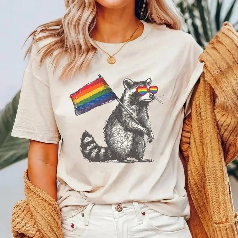 Raccoon Queer Love Equal Rainbow Flag Art Print Decor Poster Anime Graphic T-shirts For Men Clothing Women Tees Y2K Tops