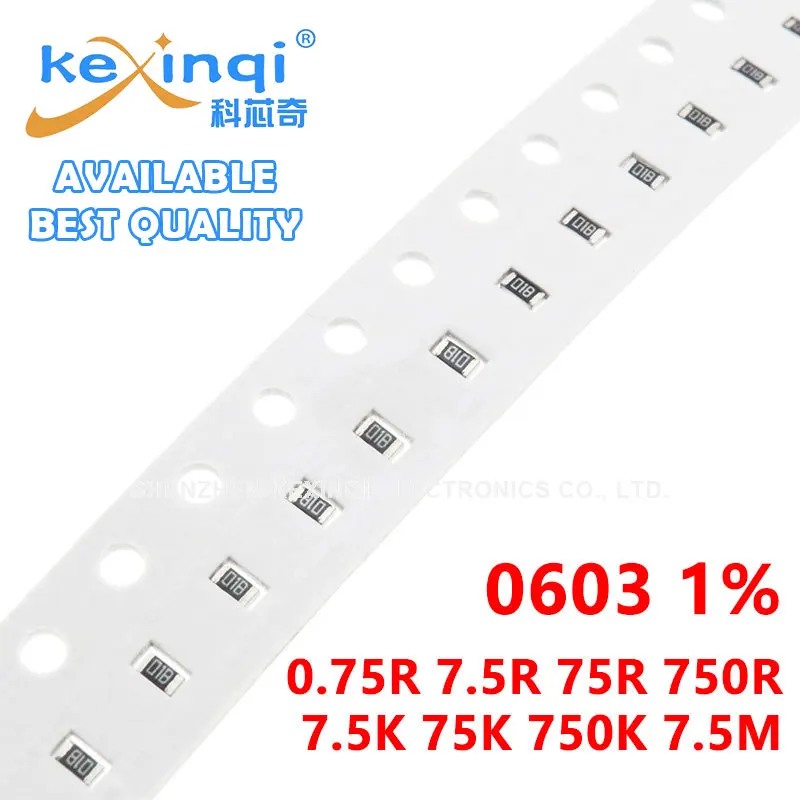 100pcs/lot SMD 0603 Resistor 1% 1/10W resistance 0R Ohm 0.75R 7.5R 75R 750R 7.5K 75K 750K 7.5M