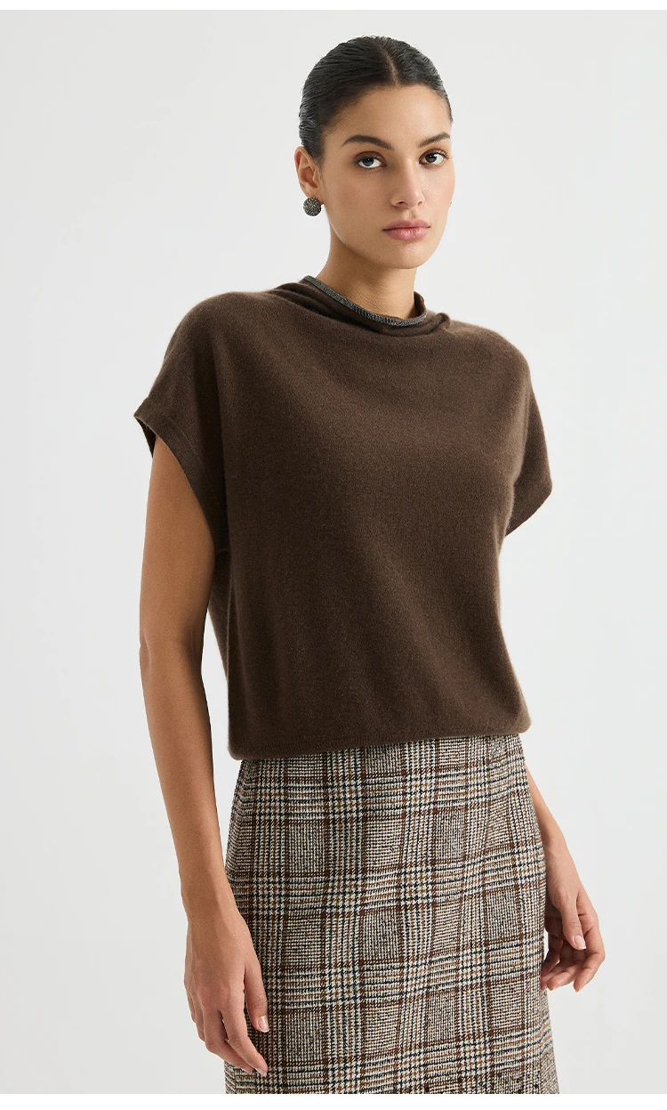 BY4621755 Damen-Weste mit Stehkragen, 100% Kaschmir, Oversized, ärmellos, mit Kettendetails am Rücken und Schlitz, dezenter Luxus für den frühen Herbst. – Detail 5
