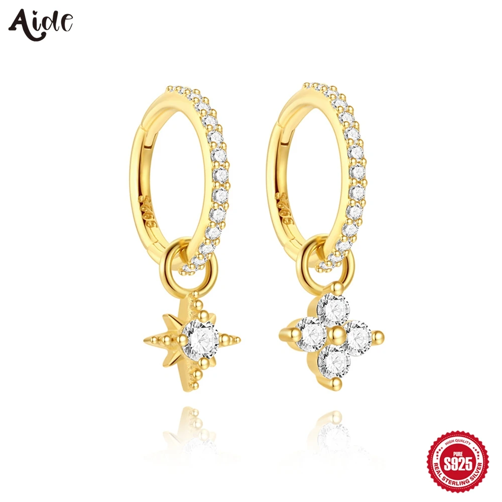 

Серьги-кольца Aide, 1 шт., из серебра 925 пробы, с позолотой 18 карат, инкрустированные цирконами, с подвесками в виде звезды и цветка, для женщин, минималистичные, на каждый день