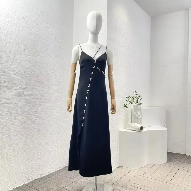 Cut Out Red Elegant Sleeveless High Quality Women Spaghetti Black Strap Midi Dress Metal Buckle Decoration