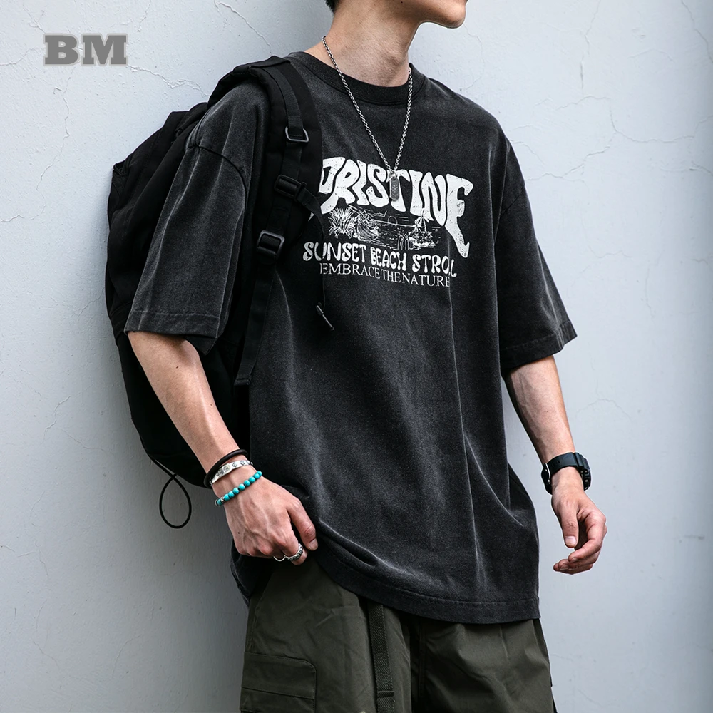 

American Heavyweight Vintage T-Shirt Men Oversized Streetwear Distressed Washed Hip Hop Letter Print Short Sleeve Summer Tee Top