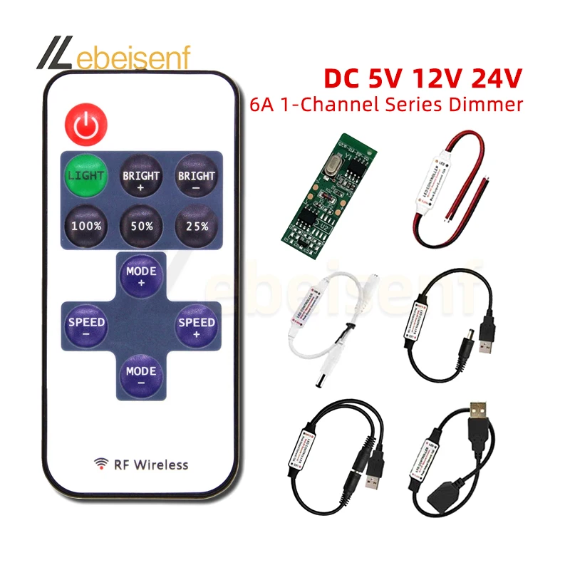 New DC 5-24V 6A 1CH Mini LED Controller Single Color Dimmer with RF 11-Key Remote Control for Constant Voltage PWM Strip Light