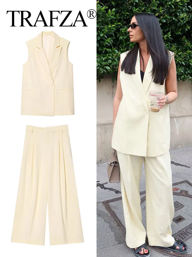 

TRAFZA Female Summer Elegant Solid Suit Sleeveless Pockets Laple Single-Breasted Vest Causal Waistcoat+Pleated Wide Leg Pants