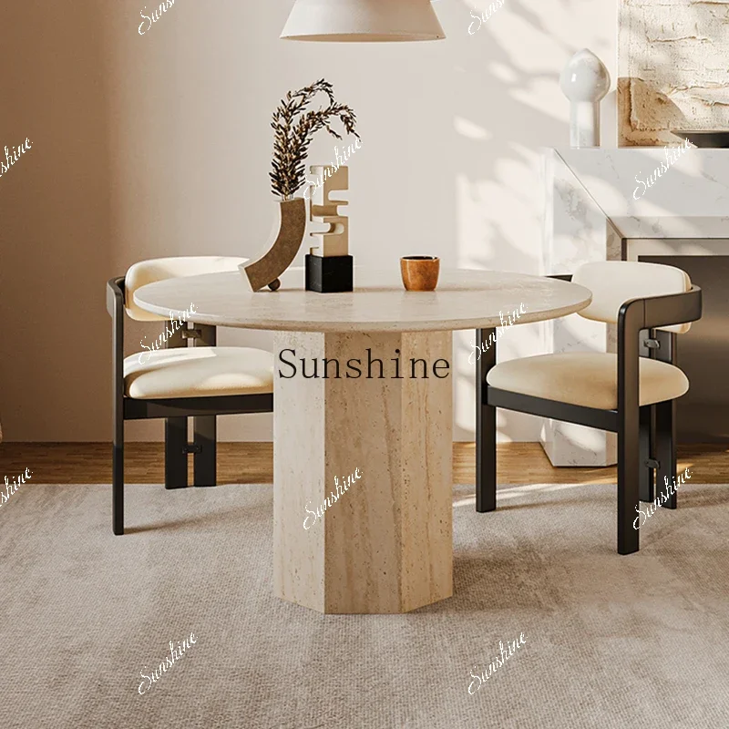 Wabi Sanfeng natural travertine small apartment round simple dining table   TF