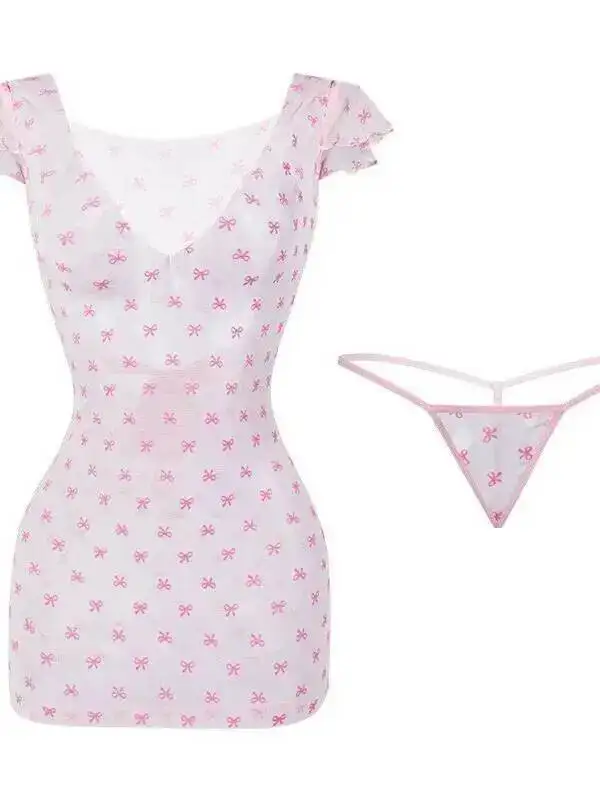 Sexy See-through Bodycon Jurk Elegant Pure Desire Nachtkleding Uniform T-shirt Mini Jurk Mesh Kant Sheer Roze Zoete tops JMB8