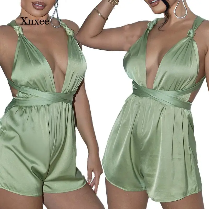 

Sexy V Neck Backless Bodysuit Solid Casual Women Sleeveless Bandage High Waist Shorts Rompers 2022 Summer