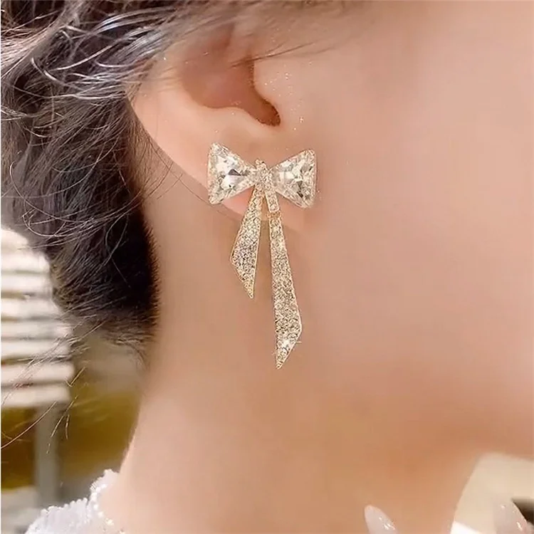 Ribbon Bow Gold Color Drop Earrings for Women Korean Zirconia Bow Silver Needle Earring Rhinestone Bow Ear Stud Pendientes Mujer