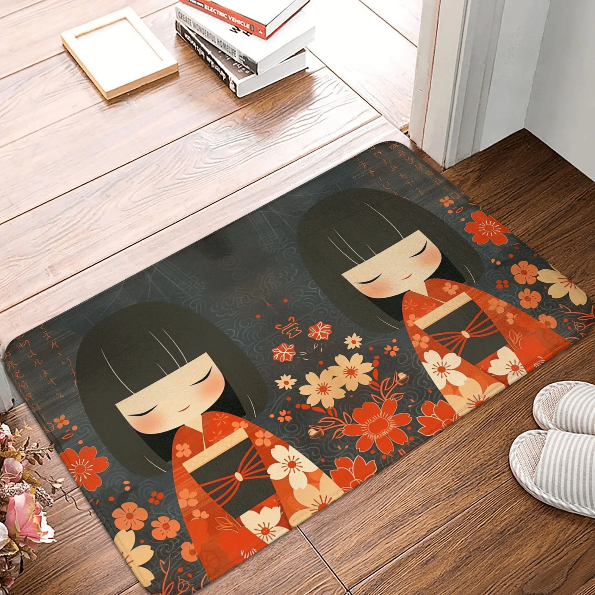 Sakura japonês menina kokeshi boneca porta piso cozinha tapetes de banho anti-deslizamento interior capacho garagem entrada tapete footpad