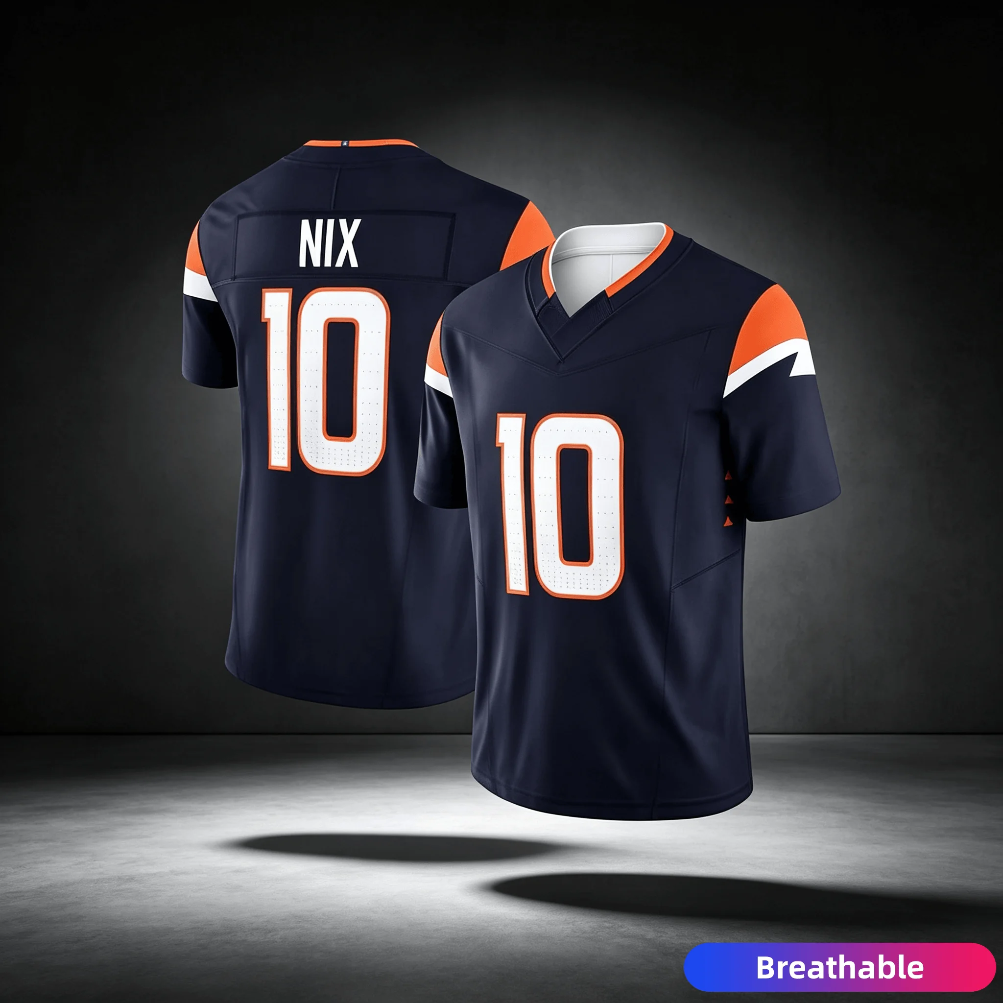 Men Denver 10 Bo Nix Orange Home Football Jersey Name Number V Neck Short Sleeve Sports Fans Daily Casual Wear Family Matching