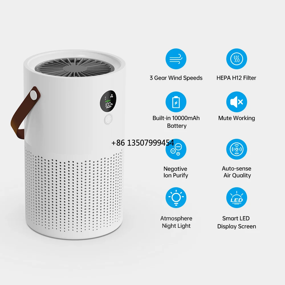 

Portable Battery-Powered Air Purifier with Activated Carbon & H12 HEPA Filter for Home Large Rooms Removes Harmful Particles