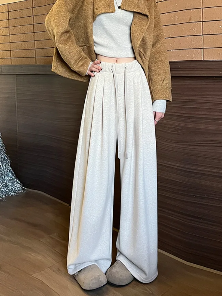 Deep ey Fce Lined Trousers Women's Autumn Winter 2025 New Sle Trendy Loose Wide Leg Pants Commute Sle  Color Hi...