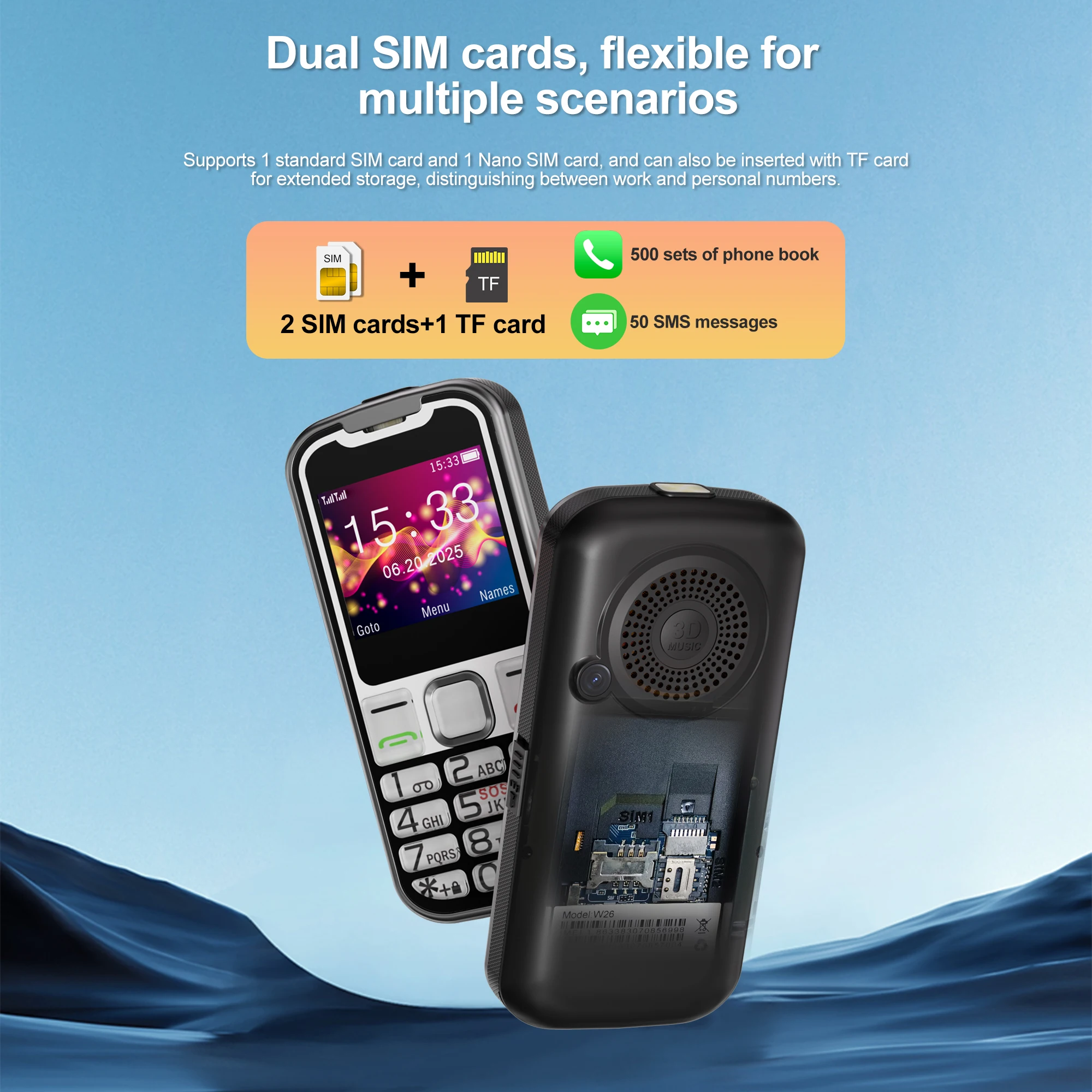 SERVO W26 Громкий динамик для мобильного телефона, двойной SIM-карты, режим ожидания, набор скорости, запись вызовов, фонарик, вибрация, FM, 2G, GSM, кнопка, мобильные телефоны