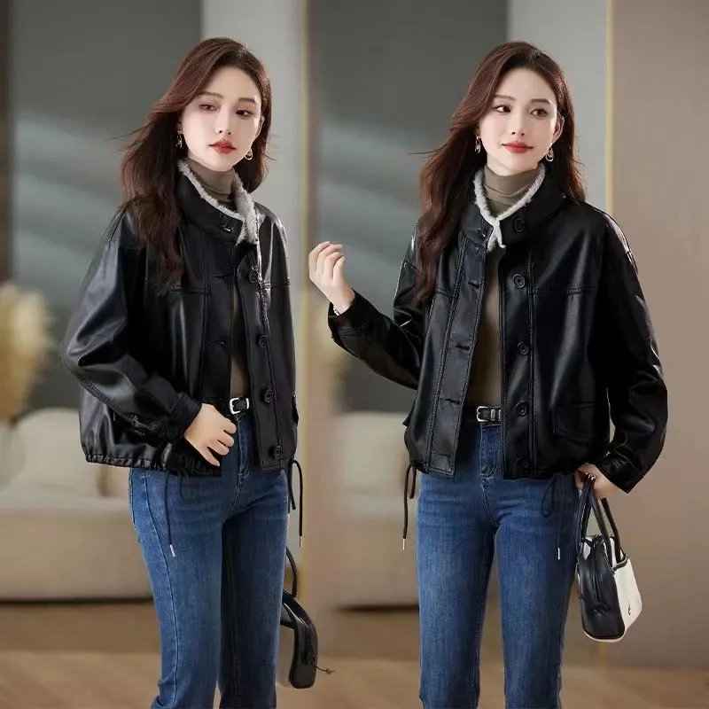 Prendas de vestir de cuero de moda coreana para mujer, chaqueta de piel sintética de manga larga para otoño e invierno, abrigo de cuero PU de ocio para mujer 2025