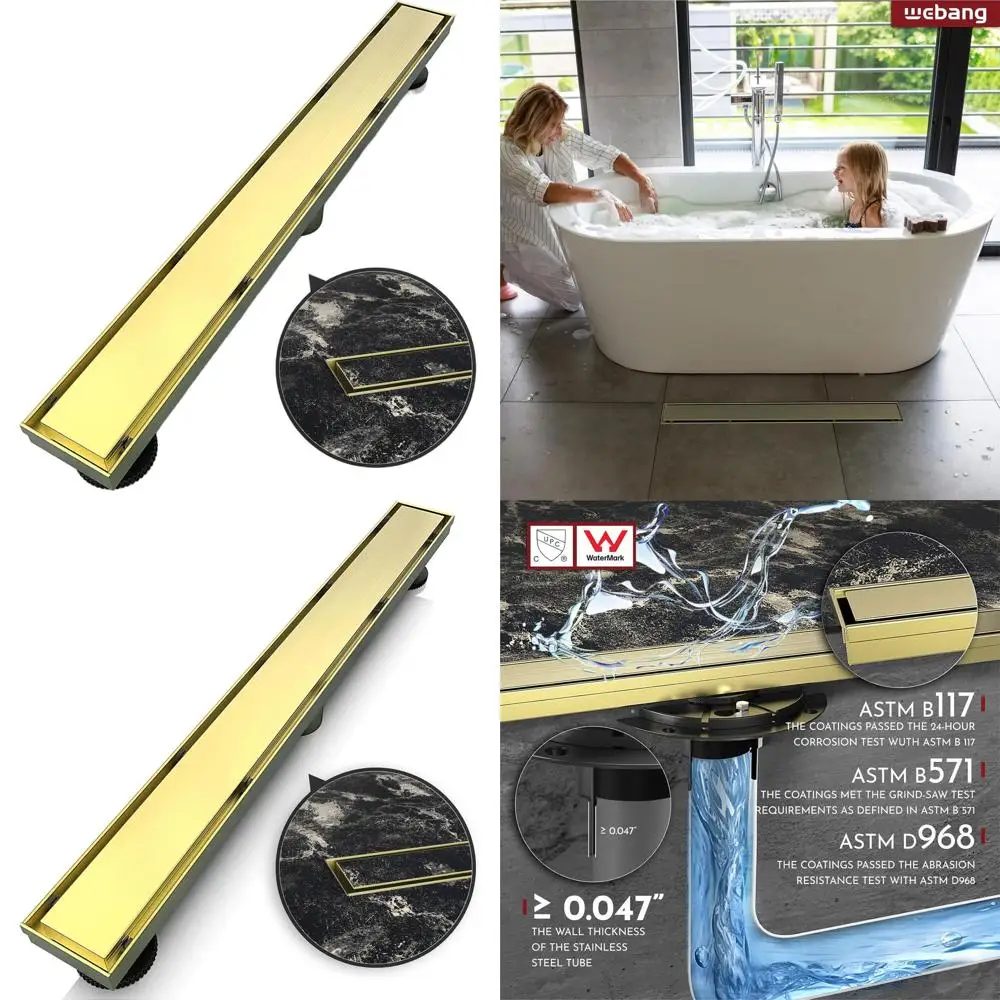 

24 Rectangular Shower Drain with Reversible Cover, Tile Insert, Grate, and Brushed Gold Finish