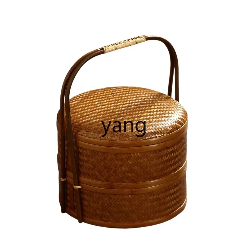 LHH Bamboo Weaving Double Layer Food Box Storage Basket Tea Set Storage Dim Sum Portable Picnic Box