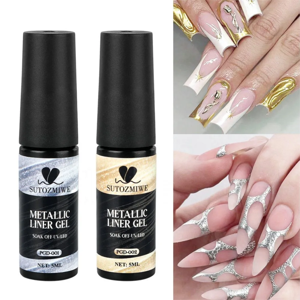 2Bottle 5ML Metallic Gel Liner Nail Polish Gold Silver 3D Mirror Chrome Effect Painting Gel for French Nail Painted Drawing Gel