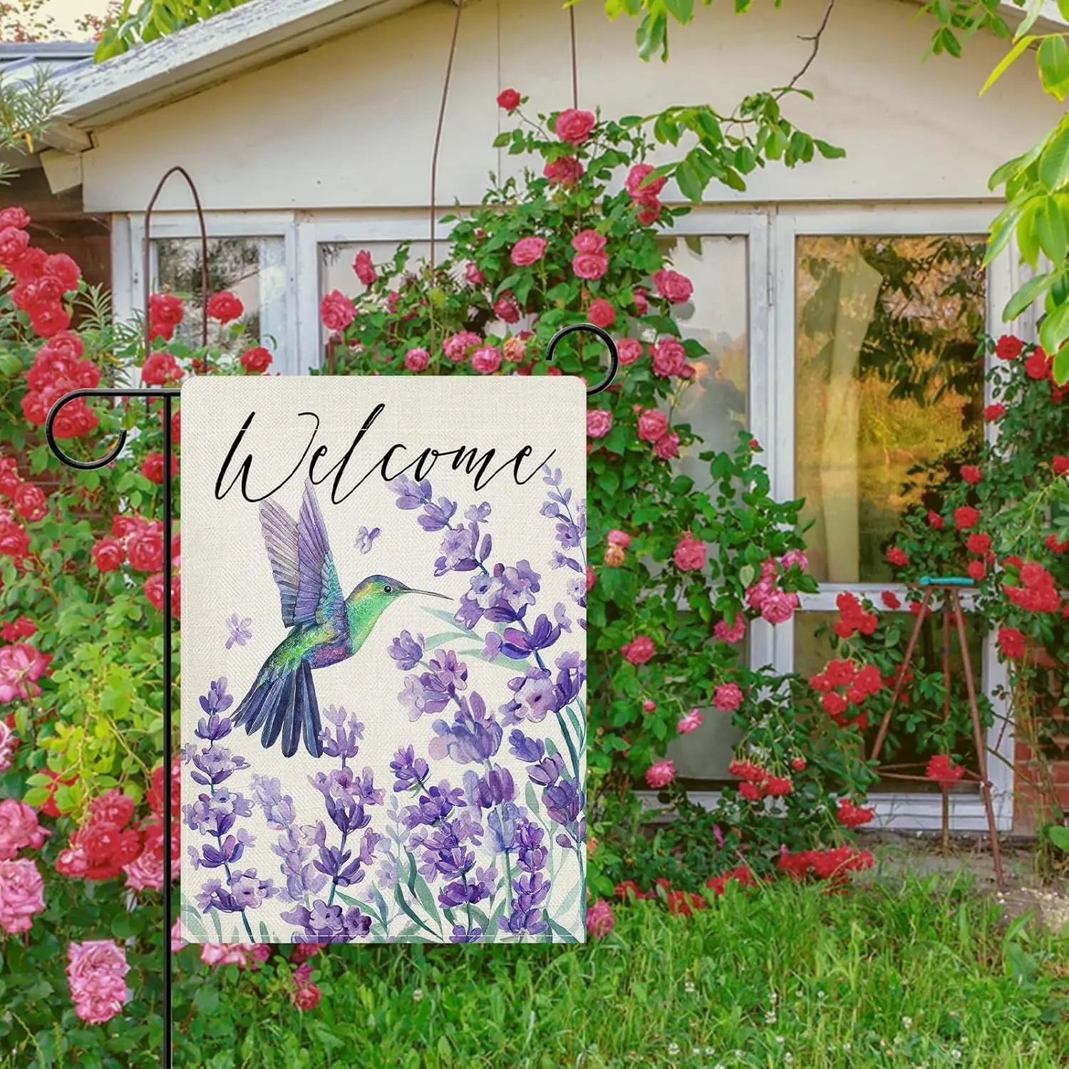 Dyrenson Welcome Spring Summer Hummingbird Lavender Decorative Garden Flag, Purple Flower Floral Yard Outside Home Decoratio jjp