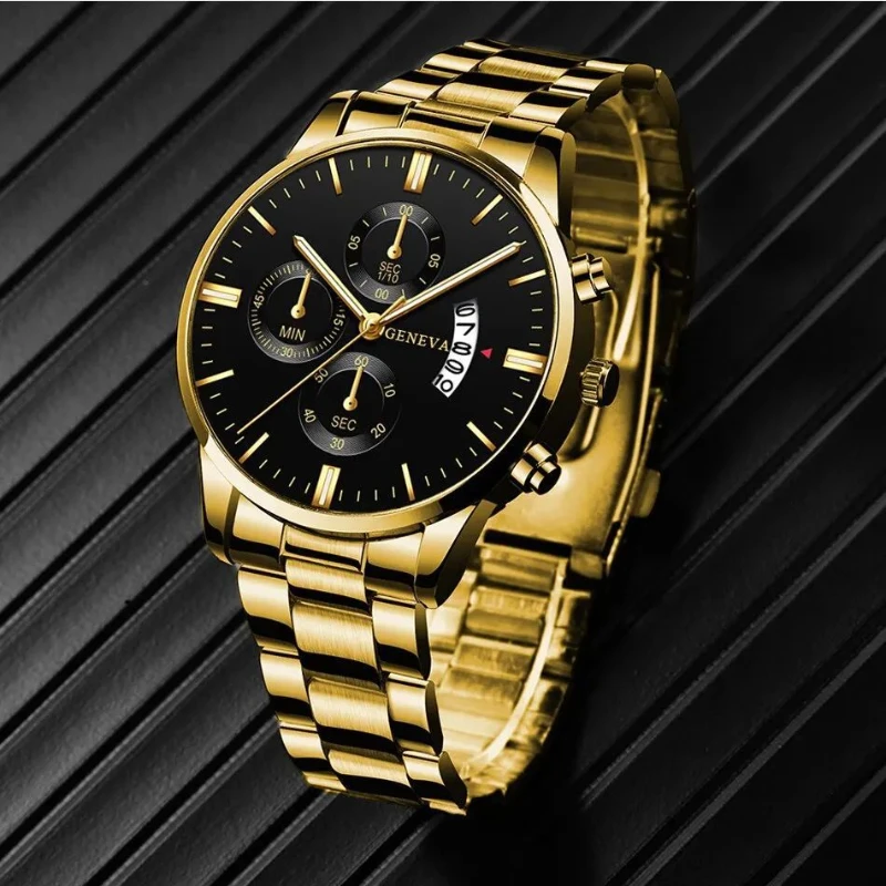 Calendar steel belt quartz watch, business men's three-eye large dial watch men's watch