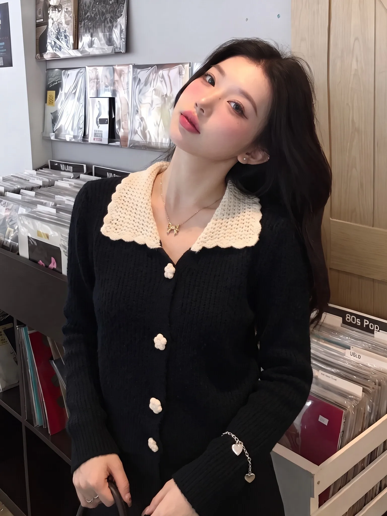 plus Size Women's Korean Style Color Block Doll Collar Long Sleeve Knitted Open Cardigan Autumn Sweater Design Sensation Top