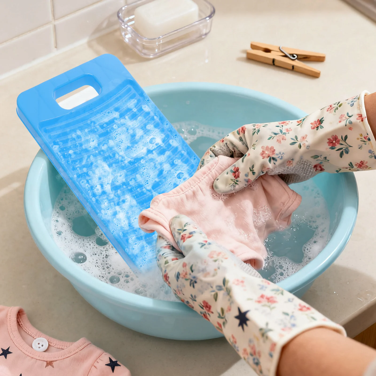 

Non-Slip Plastic Washing Board Durable Laundry Scrubbing Board Clothes Cleaning Home Travel Camping Light Blue Water Saving Easy