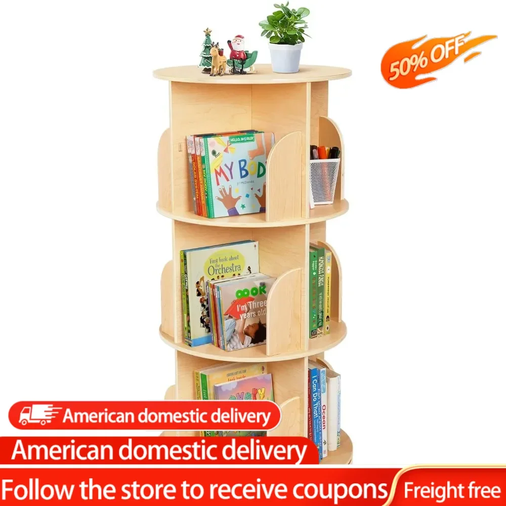 

Kids Rotating Bookshelf, 360° Display 3 Tier Floor Standing Bookshelf Storage Rack,Wooden Narrow Bookcase Organizer,small space