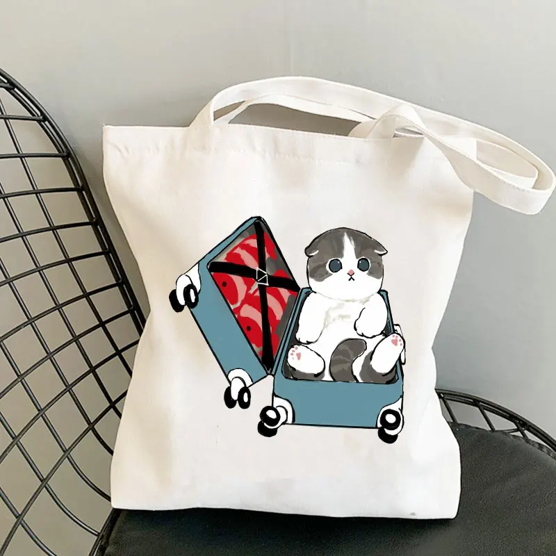 Japan Mofusand Cat White Canvas Women Shopping Bags Animal Girl Shoulder Cloth Bags Reusable Shopper Teacher Student Book Bags