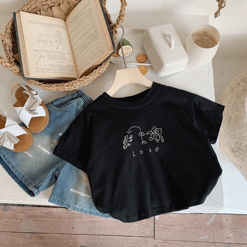 Baby Girl Boy 100% Cotton T-shirt Infant Toddler Child Casual Bear Letter Pullover Short Sleeve Sweatshirt Baby Clothes 3-13Y