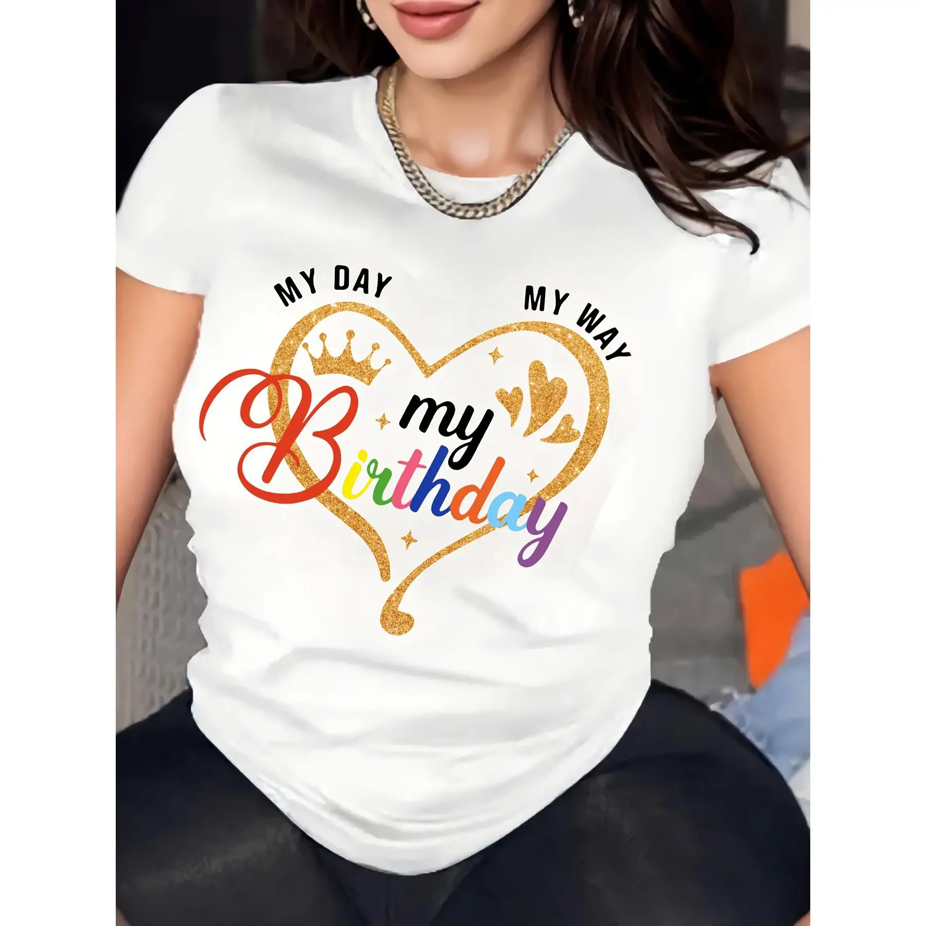 

Birthday Girl T-shirt, My Birthday My Way Rainbow Heart Tee, Cute Crewneck Party Top for Her