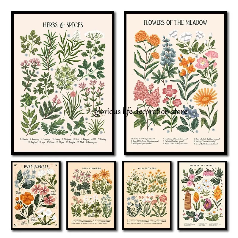 Herbs Spices Wildflowers Botanical Vintage Poster Print Floral Nature Canvas Painting Wall Art Picture Herbarium Home Room Decor