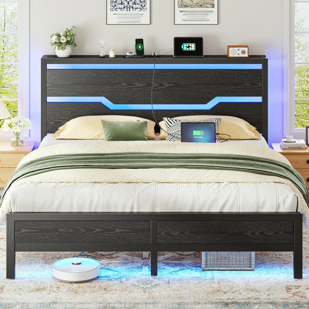 Queen Size Bed Frame with Headboard Shelf and Charge Station LED Lights, Large Underbed Storage, Slip Resistant, Noise-free