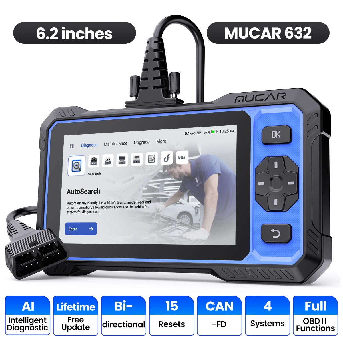 Image of MUCAR 632 Diagnosegeräte ECM/TCM/SRS/ABS 4-Systeme Auto OBD2 Scanner 15 Resets Lebenslange Kostenlose Updates 2025 CANFD Scan-Tools
