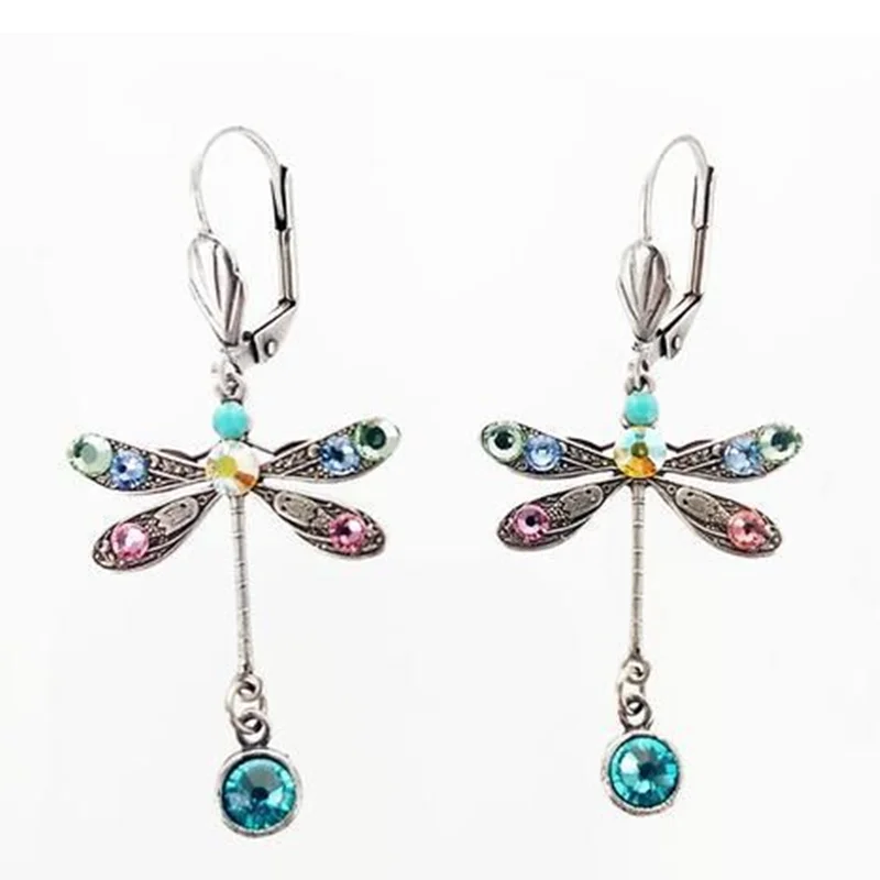 KSRA Fashion Elegant Carved Dragonfly Seven Colored gems Hook Drop Wedding Engagement Earrings For Women Party Jewelry