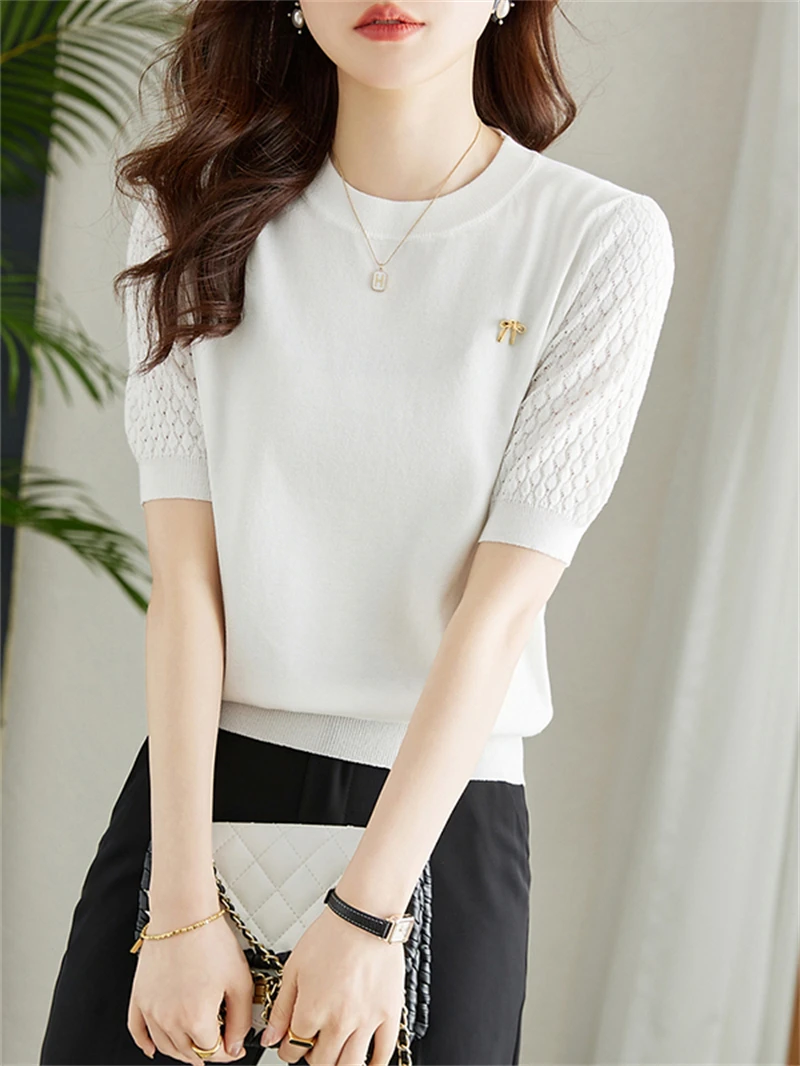 Summer New Solid Short sleeved T-shirt Women\'s Garden Neck Hollow Knitted Shirt Women\'s Top 8118