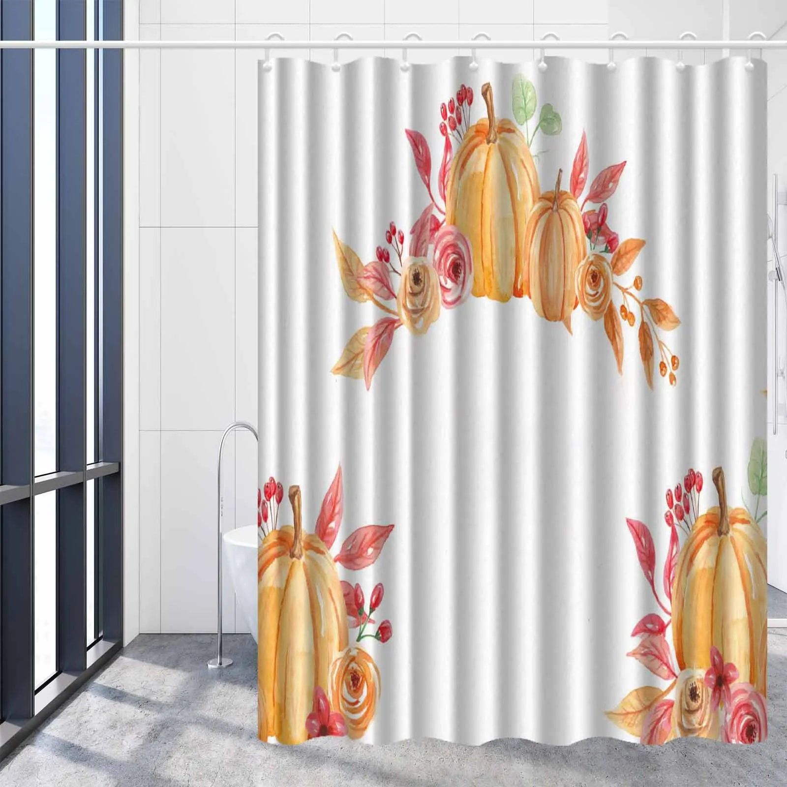 

Autumn Minimalist Pumpkin Shower Curtain, Anti-Fog, Vibrant Fall Floral Design,Cozy Seasonal Bathroom Ambiance