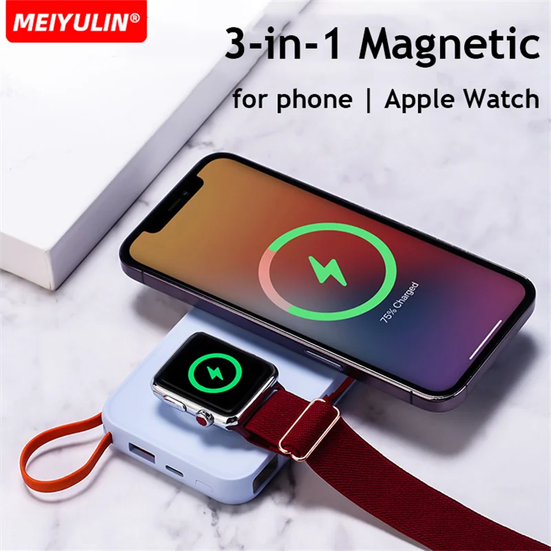 3in1 Wireless Power Bank Magnetic Fast Charger For iPhone Apple Watch External Spare Battery 10000mAh Powerbank With Cable