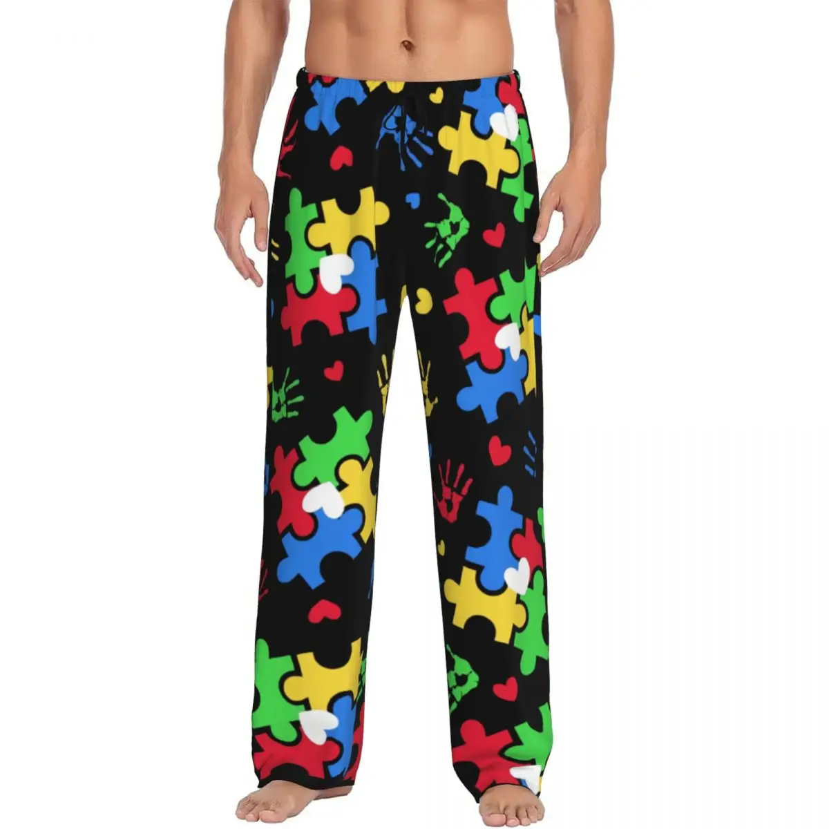 Custom Colorful Puzzle Autism Awareness Pajama Pants Men Lounge Sleep Stretch Sleepwear Bottoms with Pockets