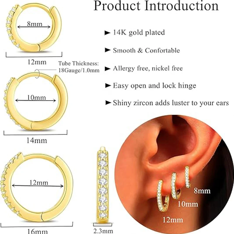 925 Sterling Silber Creolen für Damen, 14K Vergoldet mit Kubischem Zirkonia, Kleine Huggie-Ohrringe, Minimalistischer Schmuck, Geschenk für Sie – Detail 3