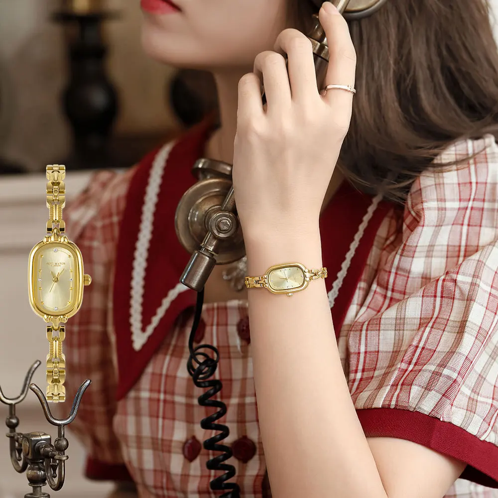 Reloj de pulsera Retro para mujer, reloj pequeño de oro ovalado, resistente al agua, de acero inoxidable, ligero, de lujo, de cuarzo clásico