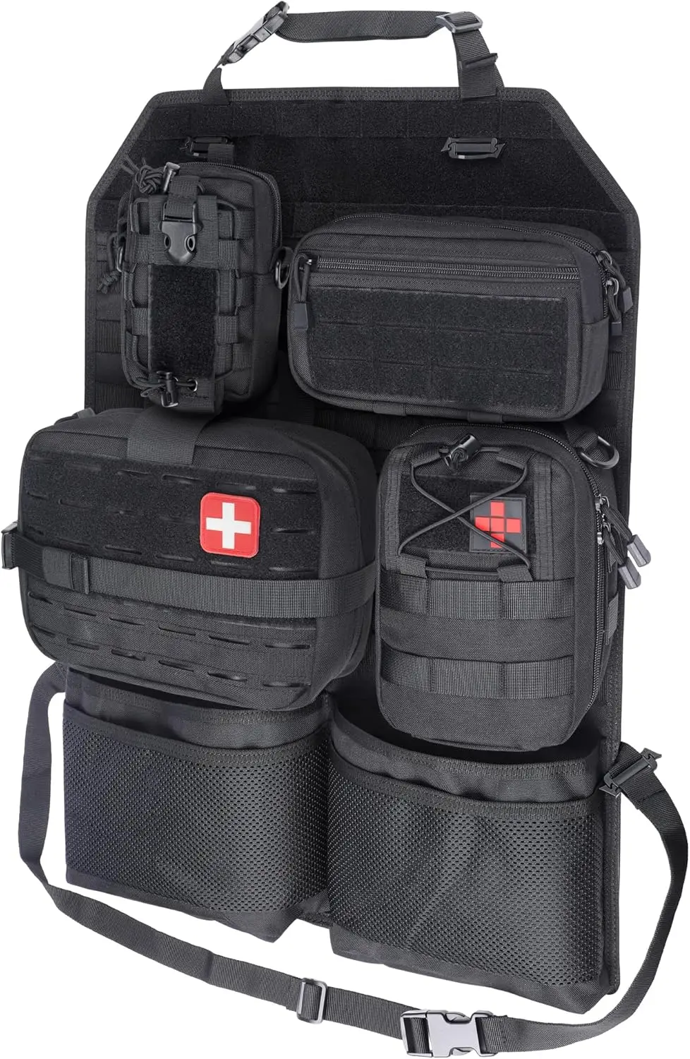 

Tactical Car Seat Back Storage Set, Molle Panel with 4 Detachable Molle Pouches, First Aid Edc Management Bag for Most Cars Suvs