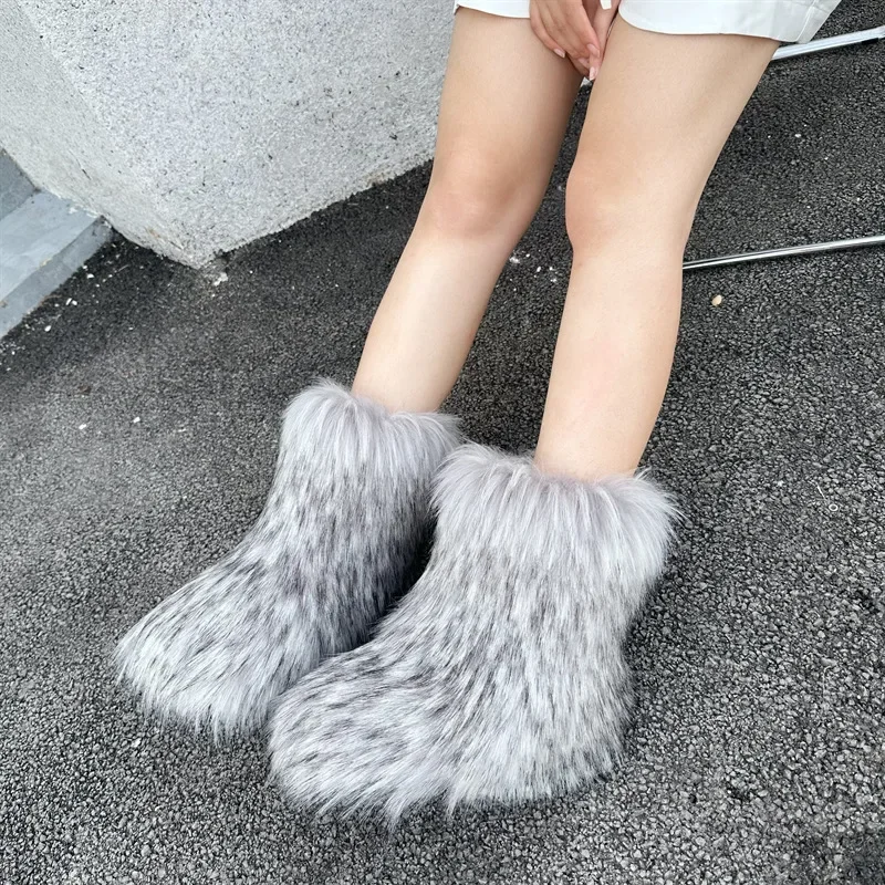 Faux Raccoon Fur Boots Women Y2K Fluffy Mid-calf Boots Winter Ladies Fashion Fox Fur Snow Boots Warm 3CM Platform Cotton Shoes