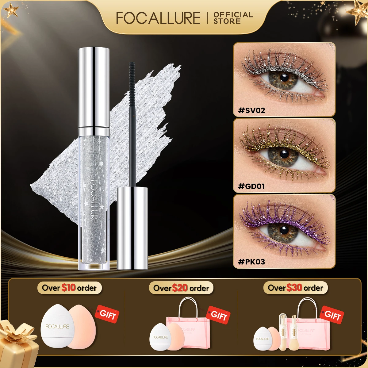 

FOCALLURE Colorful Mascara Lasting Styling Diamond 4D Quick Dry Glitter Eyelashes Purple Silver Golden Mascara Makeup Cosmetics