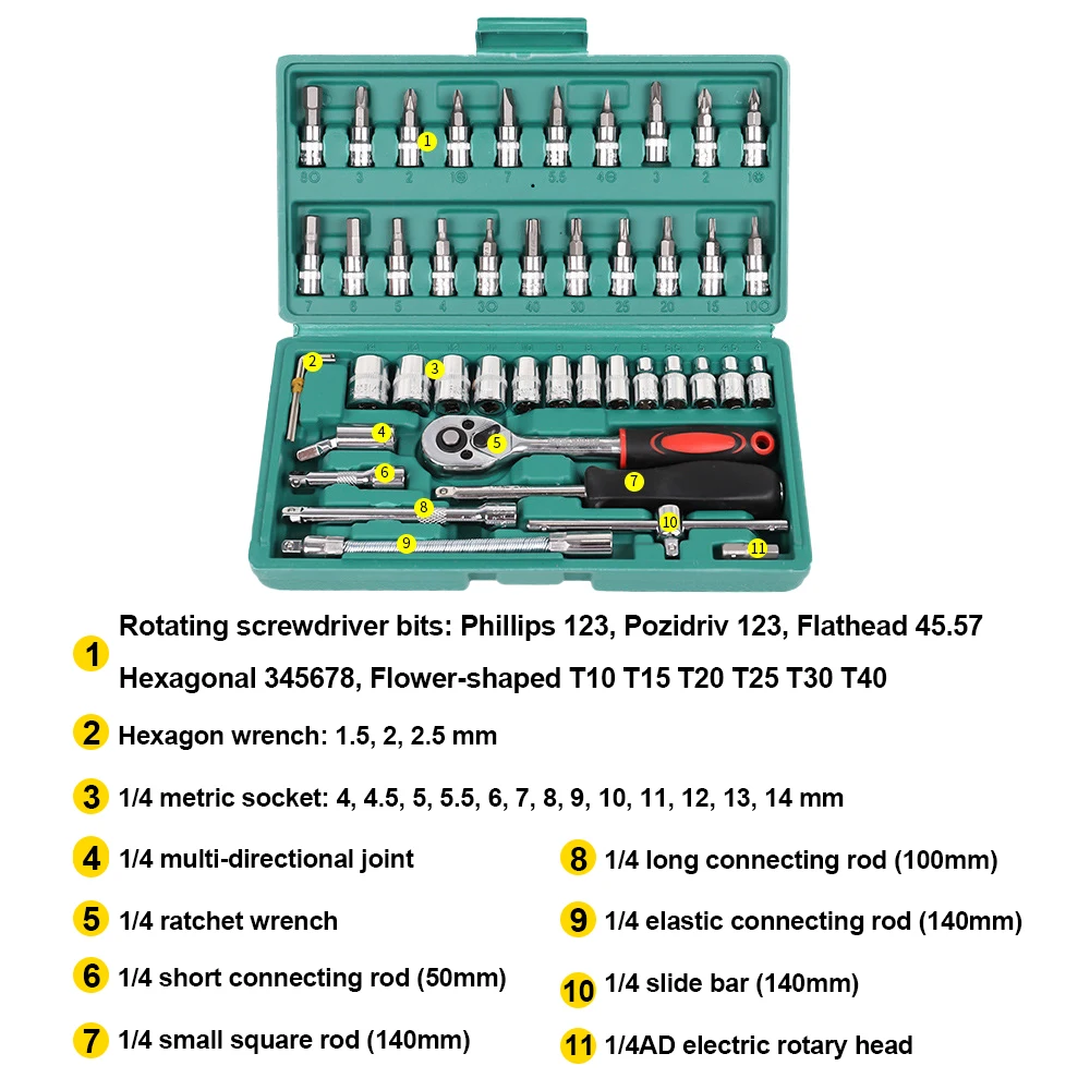 46Pc Drive Socket Set 1/4 inch Ratchet Wrench Set With Sockets Metric Hex Bit Socket Set Mechanic Tool Kit For Auto Repair House