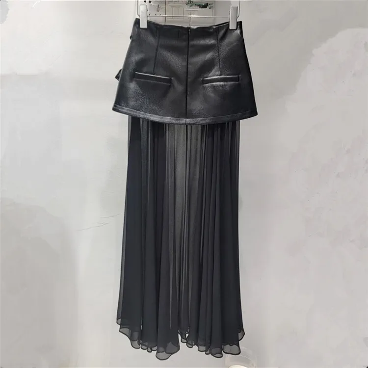 Fashion Women's Mesh Splicing PU Leather Long Skirt High Waist Solid Color A-line Skirts