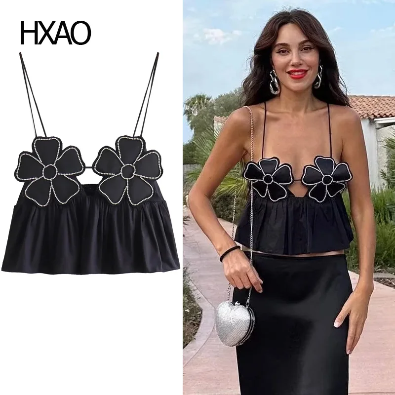 

HXAO Women's Fashion Floral Bow Halter Summer Black Sleeveless Short Tops Sexy Off-the-shoulder Sling Stylish Beach Top Women