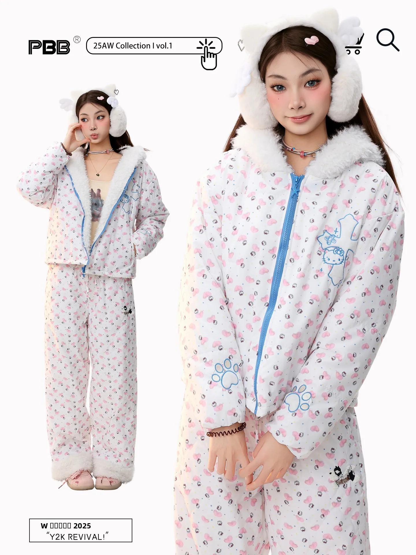 

Комплект из двух предметов: женская утепленная хлопковая куртка в американском ретро-стиле с принтом и меховым воротником, свободный крой, милый дизайн