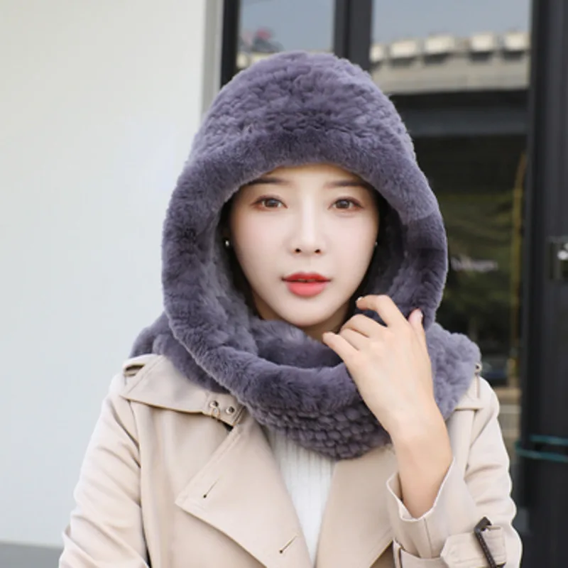  Rabbit Fur Hat Scarf  Hot Sale 100% Real Rabbit Fur Knitted Hat For Woman Natural Fur Hat With Neck Scarves Warm Soft Cap