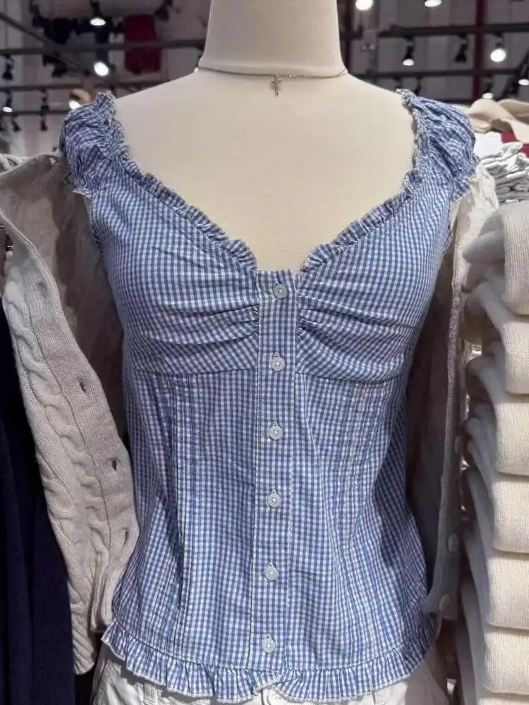 

Brandy Girl Blue Plaid ort Sve irt Женский хлопковый топ на пуговицах Fly Sve Trendy ort irt Весенний сезон Обычная длина