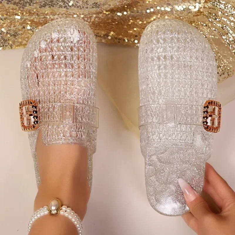 Women's Flat Transparent Baotoe Slippers Summer Hollow Out Slippers Adult Girls Non-slip Woven Half Slipper Female