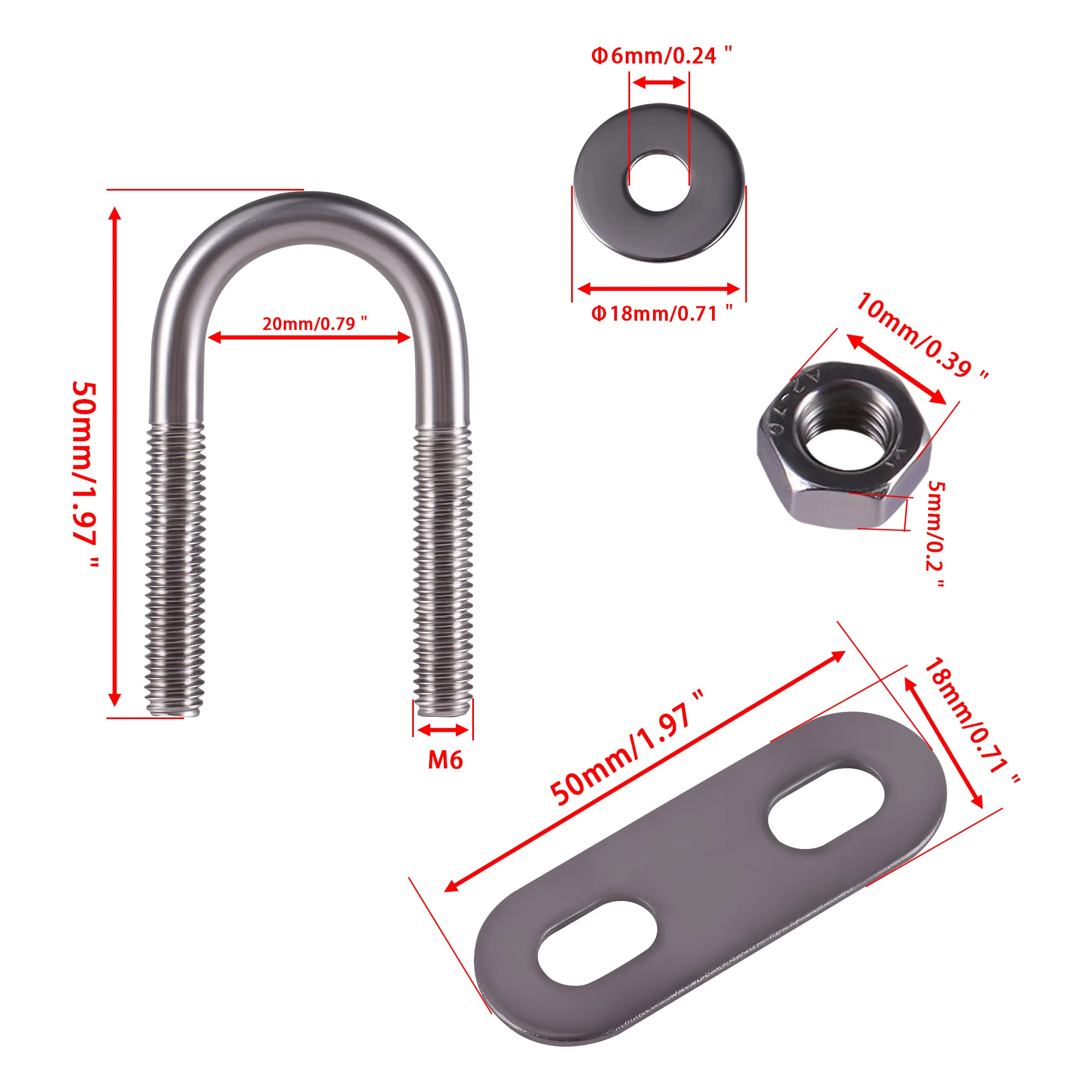4 juegos de sujetadores en forma de U de acero inoxidable M6 con arandela de placa de tuerca abrazadera de pernos en U curvados de acero inoxidable con combinación de deflector